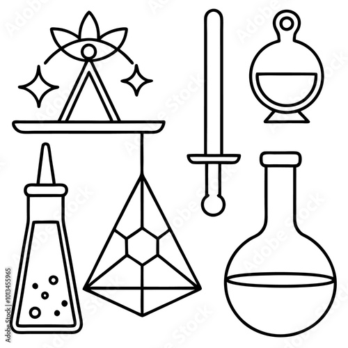 set of alchemy outline coloring book page line art drawing