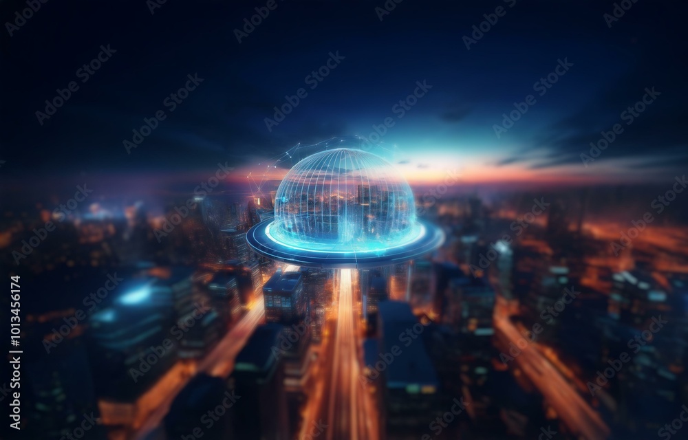 A glowing blue sphere with a city reflected inside sits on a dark, futuristic-looking platform over a cityscape with orange streetlights. A glowing blue sphere with a city reflected inside sits on a dark, futuristic-looking platform over a cityscape with orange streetlights.