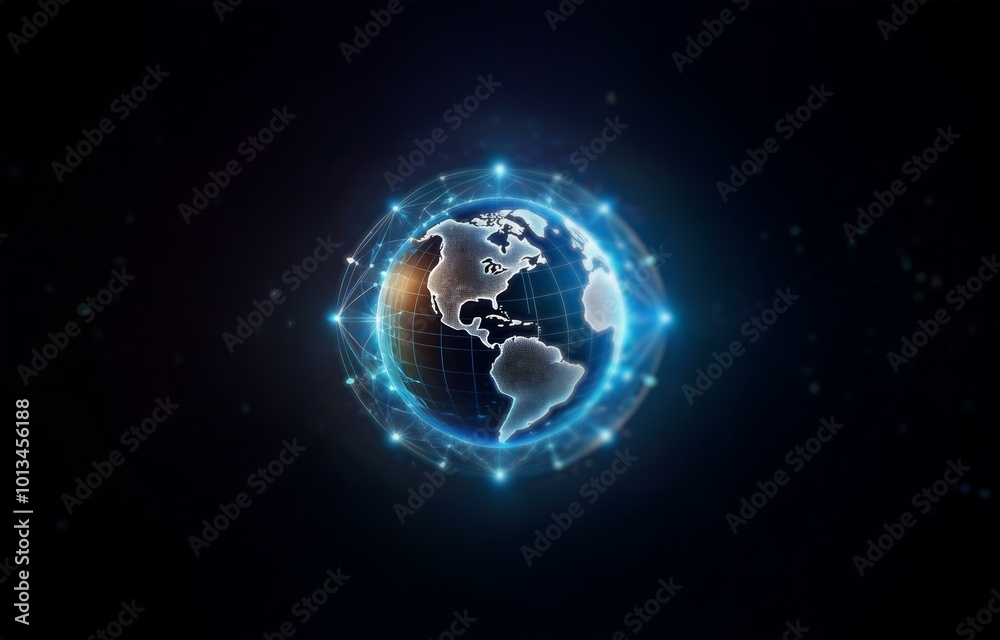 A glowing blue orb surrounded by a gridwork of lines and dots representing a digital world map. A glowing blue orb surrounded by a gridwork of lines and dots representing a digital world map.