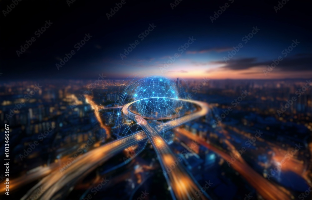 A glowing sphere of connected dots hovers above a busy highway intersection in a large city at dusk. A glowing sphere of connected dots hovers above a busy highway intersection in a large city at dusk.