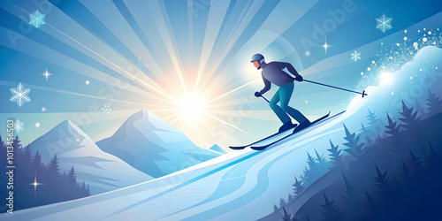 Flat Vector Illustration of a Glowing Skier Descending a Radiant Mountain Surrounded by Abstract Snowflakes - Perfect for Winter Sports Promotion