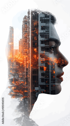 Double exposure vector of a woman's profile fused with a glowing city skyline, representing technological innovation and urban growth.