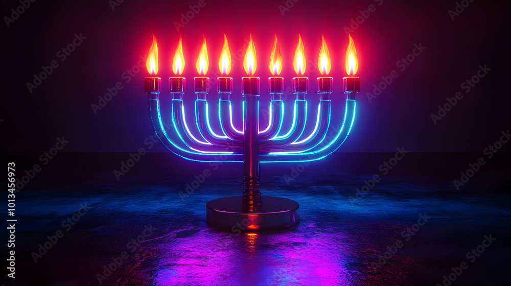 Fototapeta premium 3D Glossy Menorah with Digital Neon Lights Glowing Against Dark Background - Perfect for Modern Hanukkah Banners with Copy Space