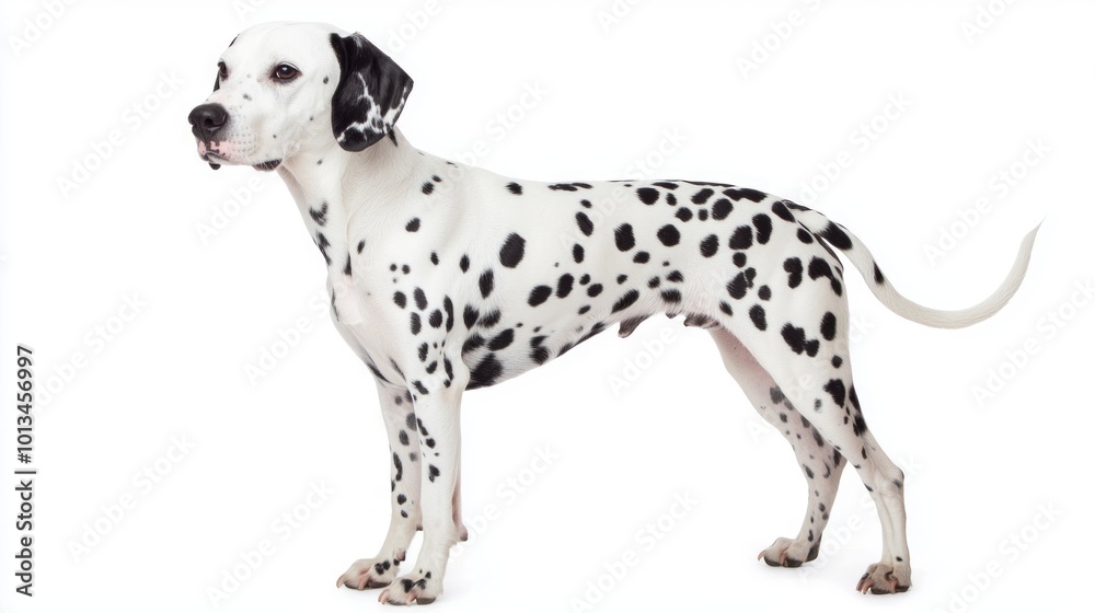 A striking Dalmatian showcases its distinctive black and white coat while standing elegantly. This graceful dog exudes charm and athleticism in its poised posture. A striking Dalmatian showcases its distinctive black and white coat while standing elegantly. This graceful dog exudes charm and athleticism in its poised posture.