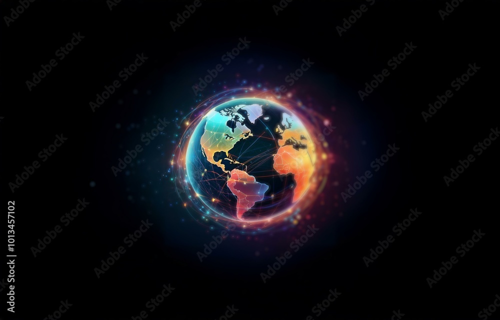Fototapeta premium A glowing globe surrounded by interconnected lines of light against a dark background.