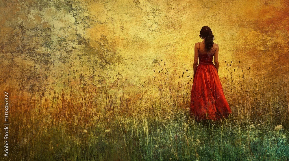 Obraz premium Woman in Red Dress Standing in a Field with a Golden Sky