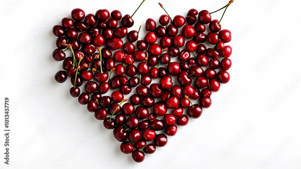 Cherries arranged in a heart shape on a white background Cherries arranged in a heart shape on a white background