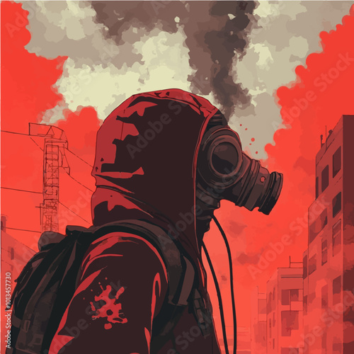 Vector of a person in a gas mask against a red backdrop of pollution and industrial smoke, symbolizing environmental degradation and air quality concerns.