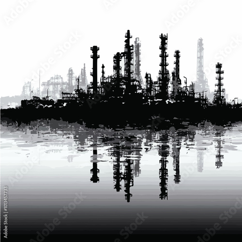 Vector illustration of oil refinery with its reflection on water in a black and white style, representing the industrial landscape of petroleum processing.
