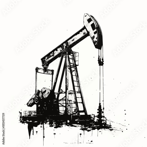 Vector illustration of a black and white oil pump jack in operation, emphasizing the energy sector and oil extraction process.