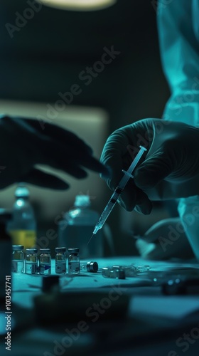 Doctor preparing vaccine with syringe in laboratory at night