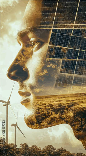 Double exposure vector of a man’s profile intertwined with solar panels and wind turbines, highlighting renewable energy and environmental awareness.
