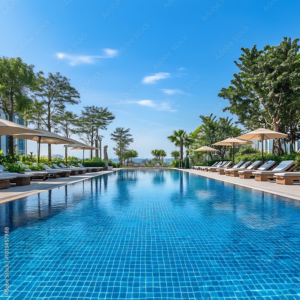 Upscale poolside sanctuary under sunny clear blue skies in idyllic paradise Upscale poolside sanctuary under sunny clear blue skies in idyllic paradise