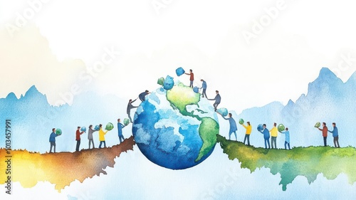 People holding fragments of the Earth, working together to rebuild, Watercolor style