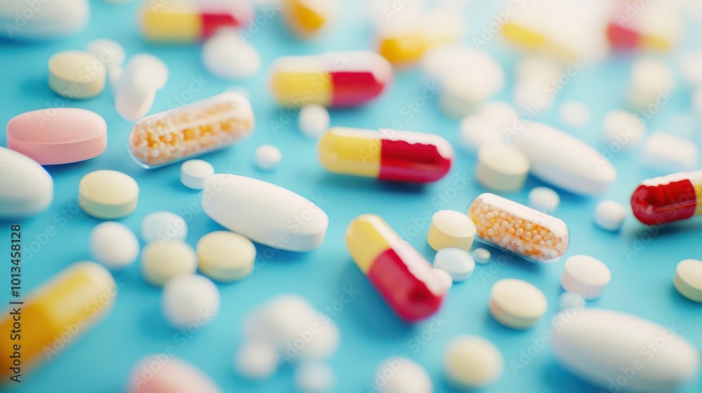 vibrant macro photography assorted pills and capsules scattered on soft blue surface. sharp focus on medicine, creating a striking pharmaceutical still life with bold colors and textures. vibrant macro photography assorted pills and capsules scattered on soft blue surface. sharp focus on medicine, creating a striking pharmaceutical still life with bold colors and textures.