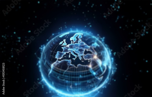 A blue digital globe with an outline of Europe, surrounded by glowing particles on a dark background.