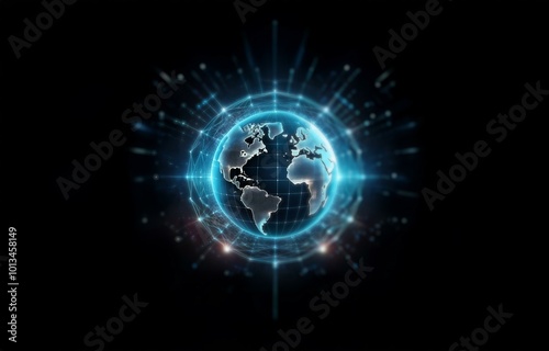 A digital blue globe with a grid and world map on a black background surrounded by glowing lights.