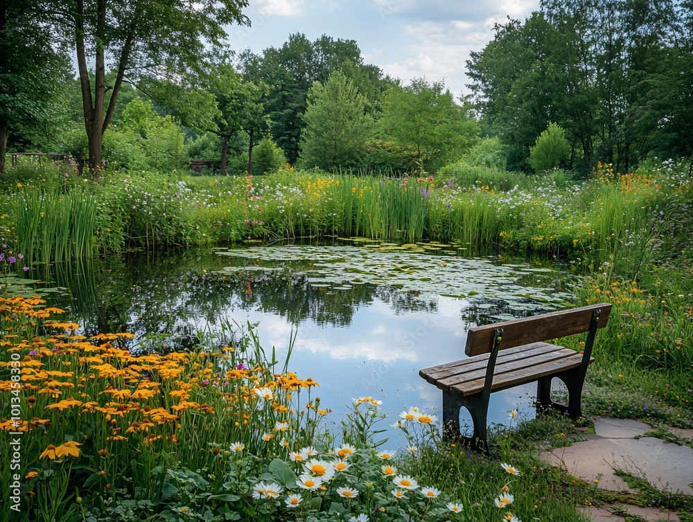 A wooden bench sits by a pond with flowers and green trees. A wooden bench sits by a pond with flowers and green trees.