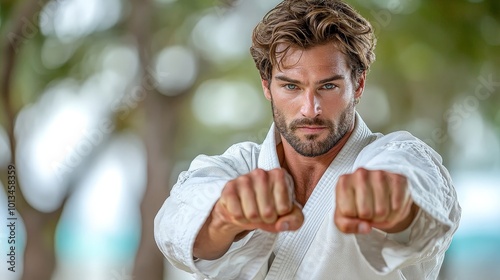 A man practicing martial arts with a focused expression outdoors. photo