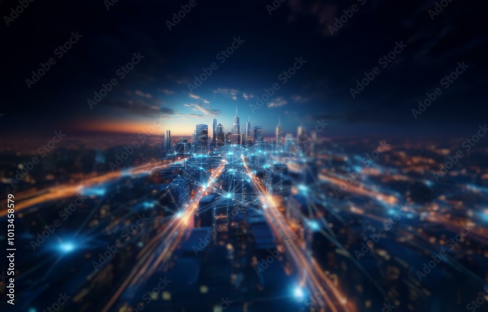 A futuristic cityscape at dusk with glowing lines connecting buildings, representing a connected world. A futuristic cityscape at dusk with glowing lines connecting buildings, representing a connected world.