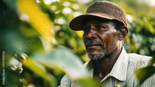 vibrant portrait of a male coffee farmer amidst lush, sun-dappled coffee plants. rich colors and textures highlight the connection between farmer and crop.