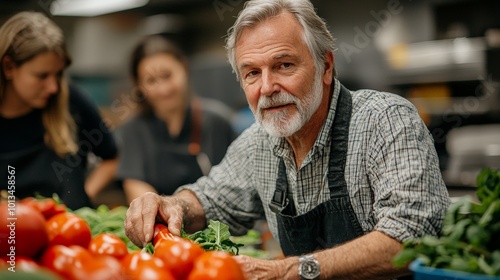 A man prepares fresh tomatoes in a kitchen with two women assisting.