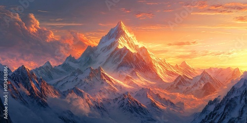 Majestic snow-capped mountain range illuminated by a vibrant orange sunset.