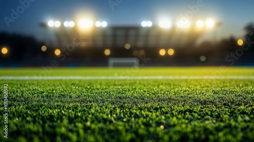 Closeup view of green artificial grass on a soccer field at night with stadium lights in the background. photo