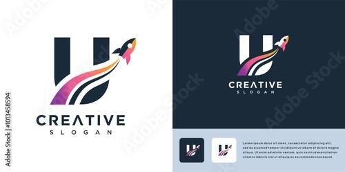 Rocket letter U sign logo vector template illustration