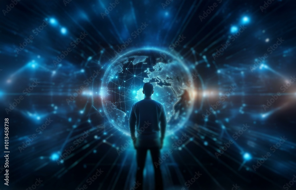 Obraz premium A lone figure stands before a glowing digital globe, representing the interconnectedness of the world.