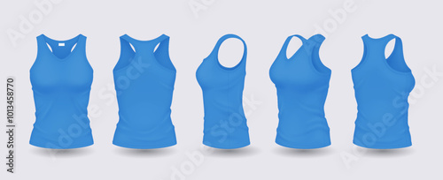 Cyan women sleeveless shirts with mockup design realistic vector illustration set. Clothes with space for brand 3d models on white background