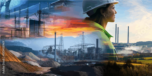 Double exposure collage of a female engineer and industrial scenes, reflecting energy production, corporate infrastructure, and renewable transition.