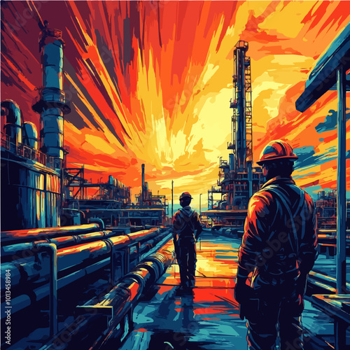 Vector of industrial workers in a vibrant oil refinery at sunset, representing the dynamic energy industry and its workforce.