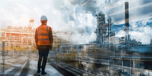 Double exposure collage featuring an industrial worker inspecting a refinery, symbolizing corporate energy production and infrastructure development.