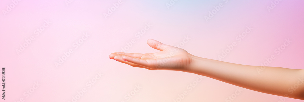 Naklejka premium A minimalist scene featuring an open hand reaching outward, palm up, against a soft pastel gradient background, symbolizing the gentle act of offering or receiving kindness for World Kindness Day.