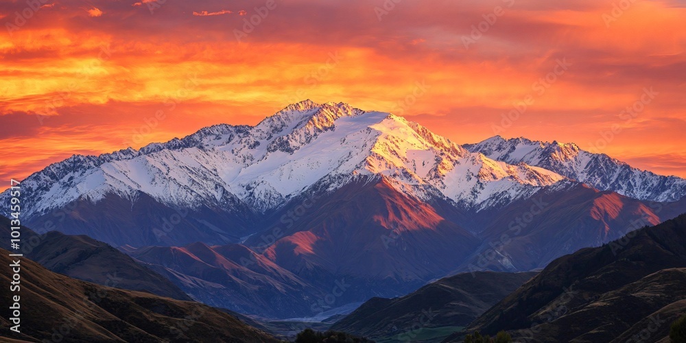 Obraz premium Majestic snow-capped mountains bathed in the golden hues of a breathtaking sunset.