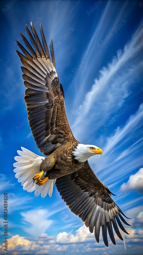 Obraz premium Soaring Bald Eagle Against a Dramatic Sky. Background, wallpaper, desktop, mobile