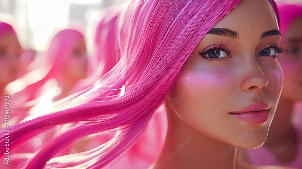 3D Pink Hair Streaking: Close-Up of Hairdresser Adding Vibrant Highlights for Awareness Month in a Busy Salon with Diverse Clients 3D Pink Hair Streaking: Close-Up of Hairdresser Adding Vibrant Highlights for Awareness Month in a Busy Salon with Diverse Clients