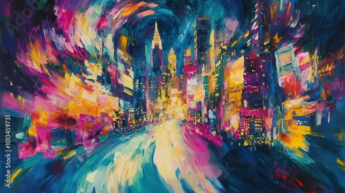 Wallpaper Mural vibrant whirlpool of neon cityscapes, swirling brushstrokes form abstract urban patterns. kaleidoscopic colors blend, creating a dynamic metropolitan dreamscape in impressionistic style. Torontodigital.ca