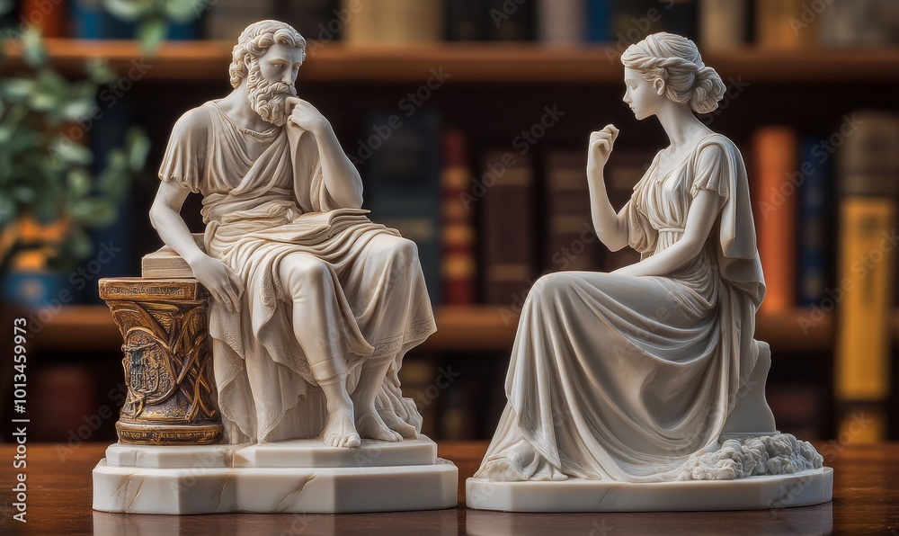 Fototapeta premium Two marble statues of a man and woman.