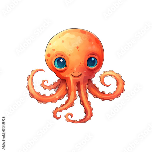 a smiling cartoon octopus with an orange head and purple tentacles. Suitable for children's books, educational materials, and marine related designs. Generative AI