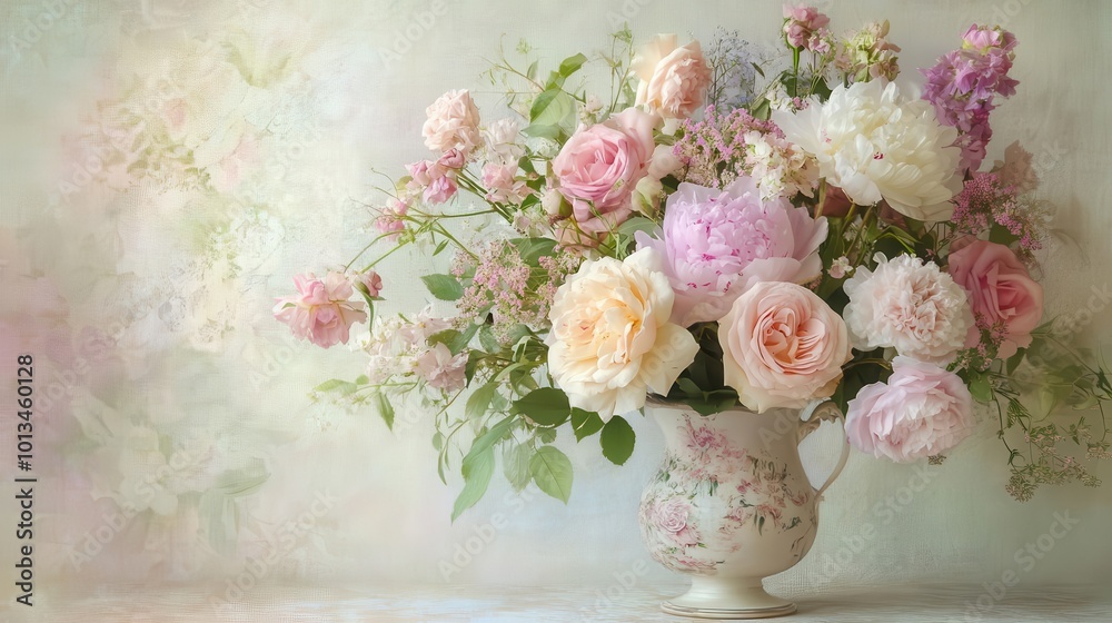 Obraz premium vintage floral elegance exquisite bouquet of pastel roses, peonies, and wildflowers arranged in antique vase. soft focus background with delicate patterns evoking timeless romance and nostalgia.