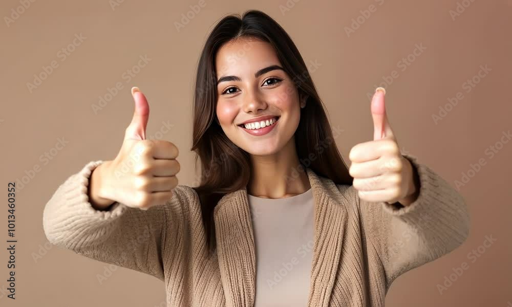 of stunning nice woman wear stylish clothes thumb up feedback isolated on khaki color background Video of stunning nice woman wear stylish clothes thumb up feedback isolated on khaki color background Video