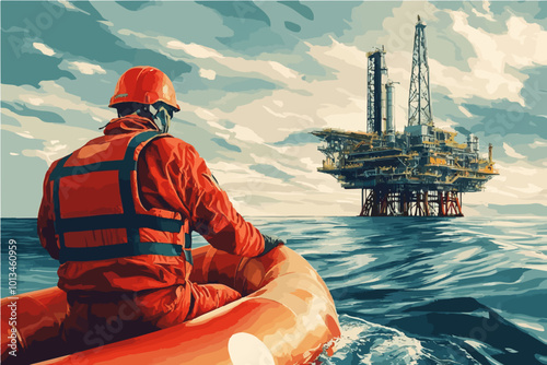 Vector of a worker in a life jacket rowing toward an oil rig, showcasing marine energy exploration and offshore drilling.