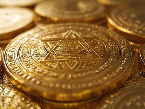 Futuristic Hanukkah Gelt: Macro Close-Up Illustrating Tradition Meets Technology with Intricate Binary Code Design on Gold photo