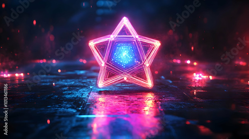 3D Glossy Dreidel Surrounded by Neon Lights on Dark Background - Festive and Futuristic Atmosphere with Copy Space for Promotional Content