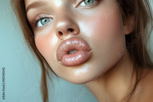 portrait of a young woman with unnatural big lips from fillers, cosmetic procedure gone wrong