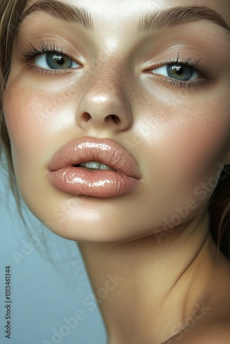 portrait of a young woman with unnatural big lips from fillers, cosmetic procedure gone wrong