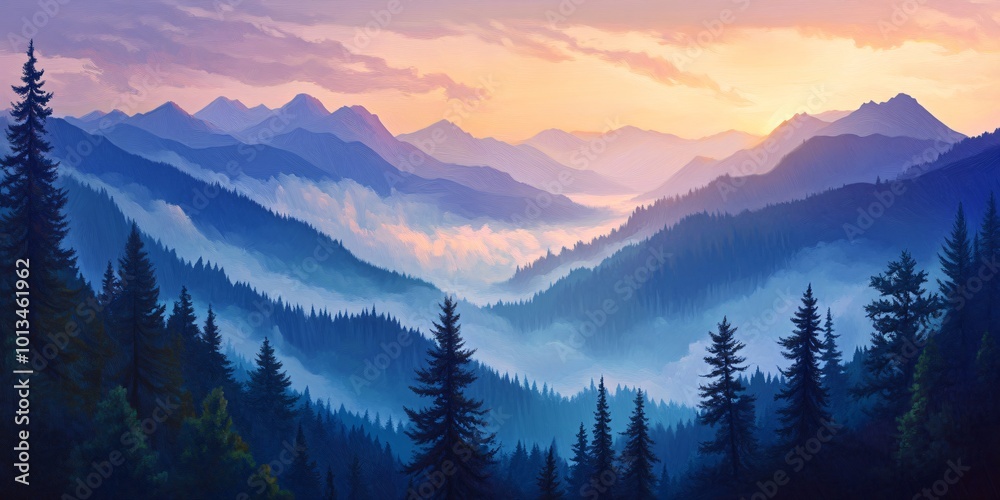 Misty mountain sunset with silhouette of evergreen trees in the foreground. Misty mountain sunset with silhouette of evergreen trees in the foreground.