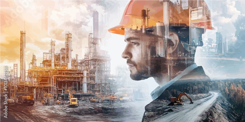 Double exposure collage of a factory worker and refinery, representing industrial progress and energy infrastructure development.